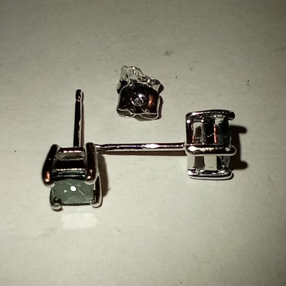 REDUCED! 14kt White Gold Princess-Cut Teal-Blue Diamond Stud Earrings - Picture 3 of 4